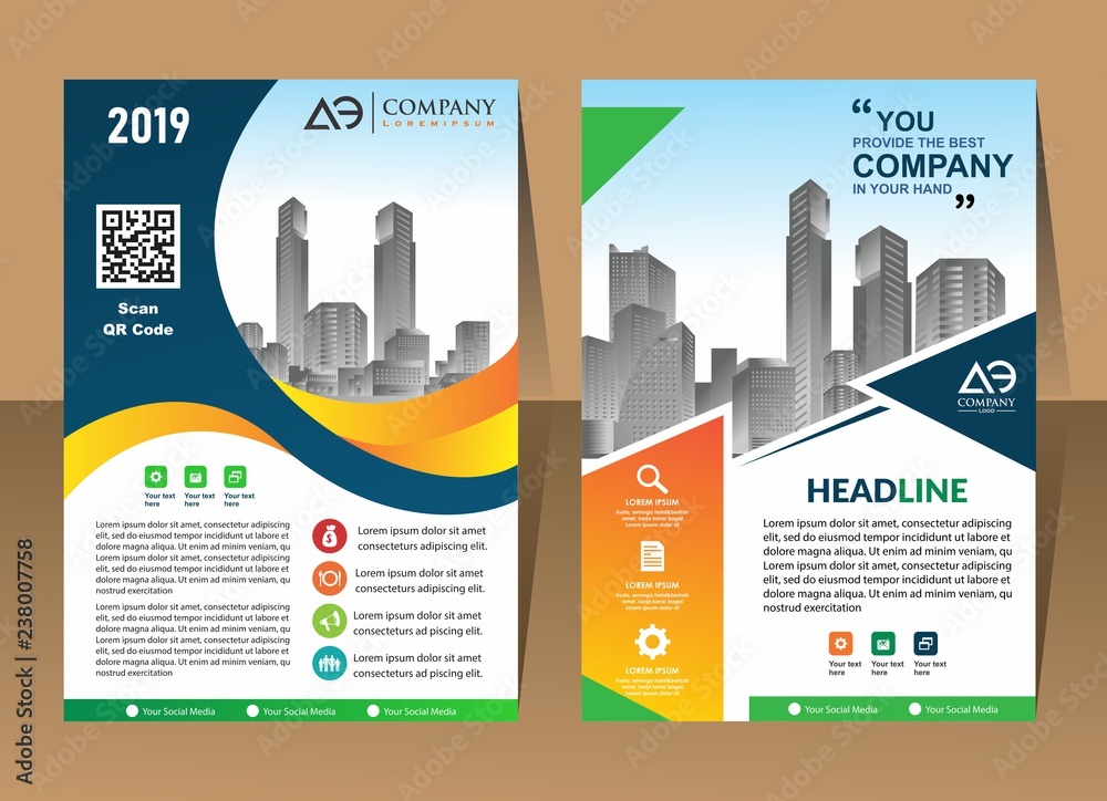 Vector Business brochure, flyers design template, company profile,  magazine, poster, annual report, book & booklet cover, with green wavy  line, and cityscape vector in background elements, size a4. Stock Vector |  Adobe