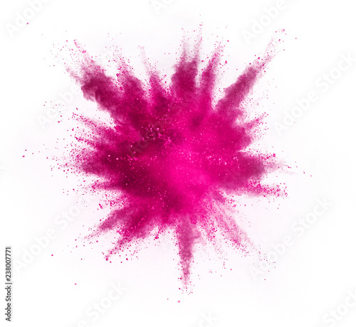 Explosion of purple powder on white background