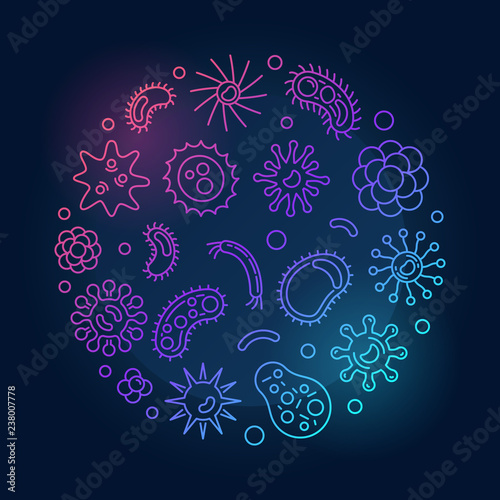 Microorganism vector round microbiology colored illustration in thin line style on dark background