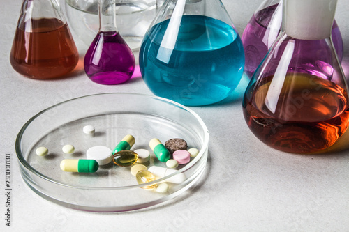 Chemical Laboratory and reagents .Illegal pills, drug production in laboratories. The concept of drug abuse. Opioid epidemic. Special toning