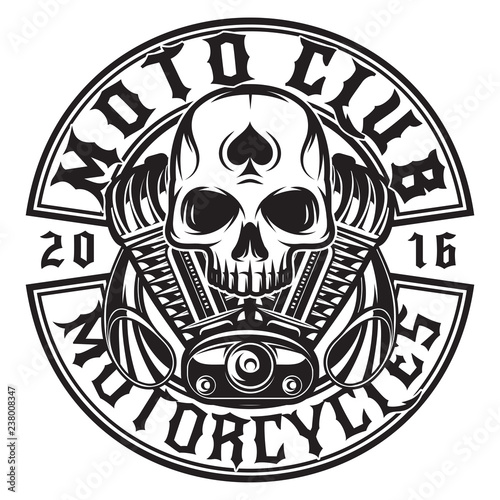 Monochrome vector pattern on the theme of moto with skull and engine