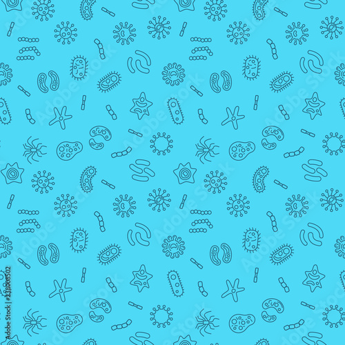 Bacteria and microbe organism vector blue seamless pattern or background in thin line style