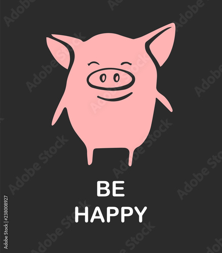 funny pig emoticon character. Happy Pig. Vector set hand drawn illustration. Christmas card, poster, t-shirt composition, hand drawn print.