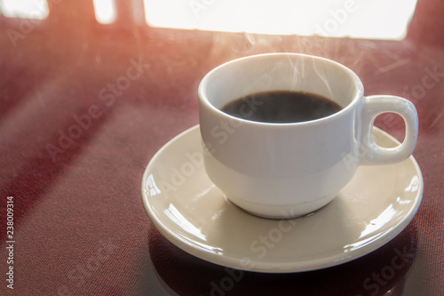 Coffee brake set cups of hot coffee espresso on the table and light background
