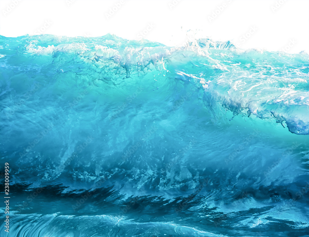 Big blue stormy sea wave isolated on white background. Climate nature concept. Front view