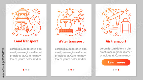 Modes of transports onboarding mobile app page screen with linea