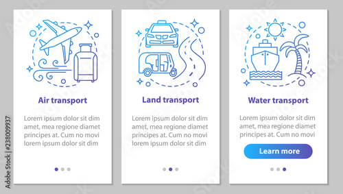 Modes of transports onboarding mobile app page screen with linea