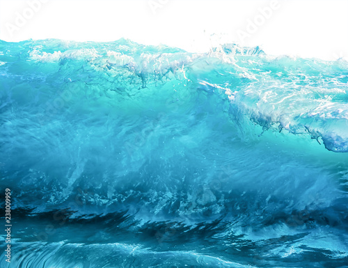 Big blue stormy sea wave isolated on white background. Climate nature concept. Front view