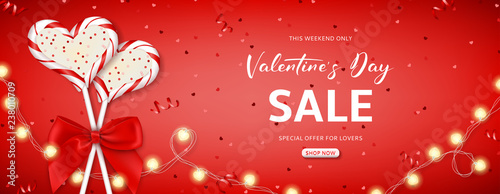Holiday web banner for Valentine's Day sale. Vector illustration with top view on realistic lollipops, garlands, red serpentine and confetti. Promo seasonal offer.