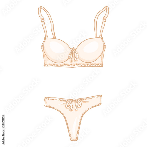 Vector Cartoon Beige Women Lingerie. Female Underwear. Bra and Panties.