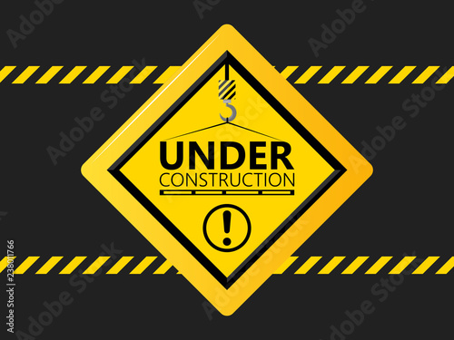Under construction website page with black and yellow striped borders vector illustration. Border stripe web, warning banner