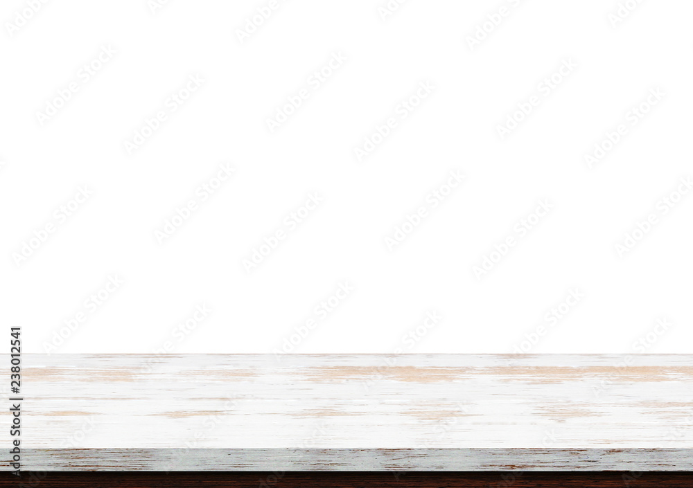 Empty white wood table top isolated on white background Empty white wood table top isolated on white background