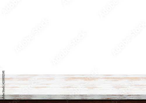 Empty white wood table top isolated on white background