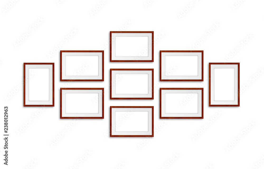 Photo frames collage, nine brown wooden frameworks mock up Photo frames collage, nine brown wooden frameworks mock up