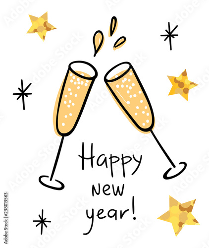 happy new year vector doodle postcard with champagne cheers, golden stars and doodle snowflakes