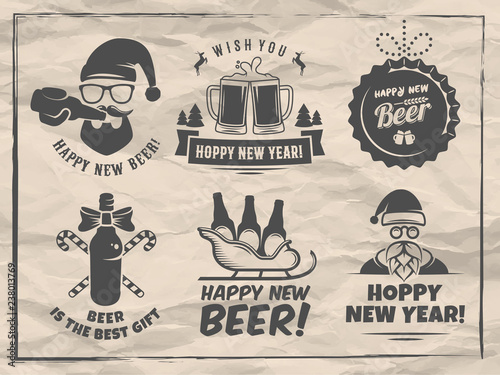 New year craft beer badges and stickes. Vector christmas beer logos with Santa, bottles, mugs, sleigh and holiday decoration for bar or pub. Vintage paper background.