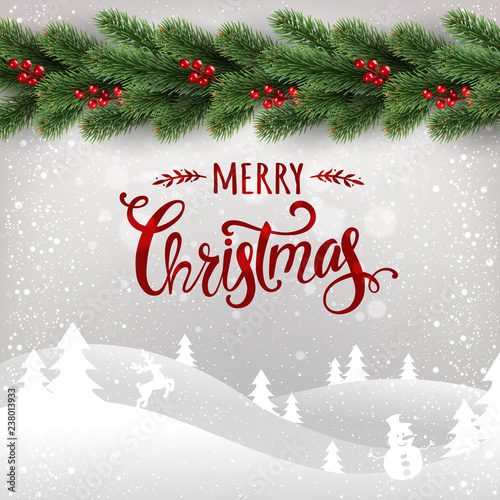 Merry Christmas typographical on white background with garland of Christmas tree branches, winter landscape, snowflakes, light, stars. Xmas card. Vector Illustration