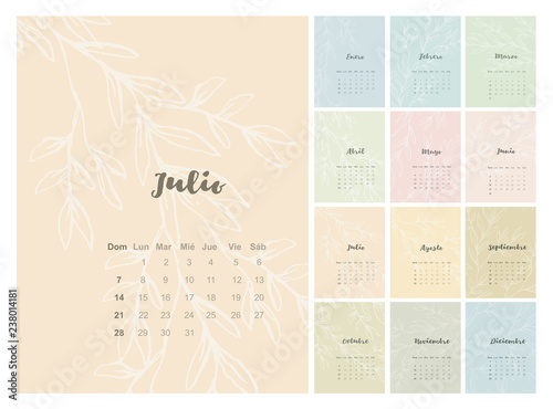Various Background Colors Vector Spanish Calendar. 2019 Year. Pastel Colors. Delicate Abstract Floral Pink, Blue, Green and Yellow Design. Single Month Cards.