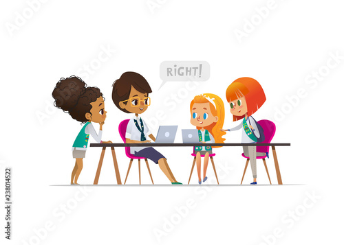 Happy girl scouts and female troop leader learning programming during lesson, Concept of coding for children in scouting camp. Vector illustration.
