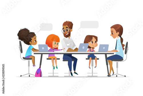 Happy children, tutor and teacher sitting at laptops and learning programming during school lesson. Coding for kids concept. Vector illustration for website, advertisement, poster.