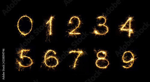 Set of Burning sparkler Numbers isolated on black background