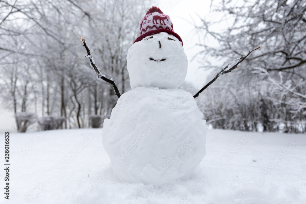 Obraz premium Winter mood: Small simplistict snowman in Christmas hat