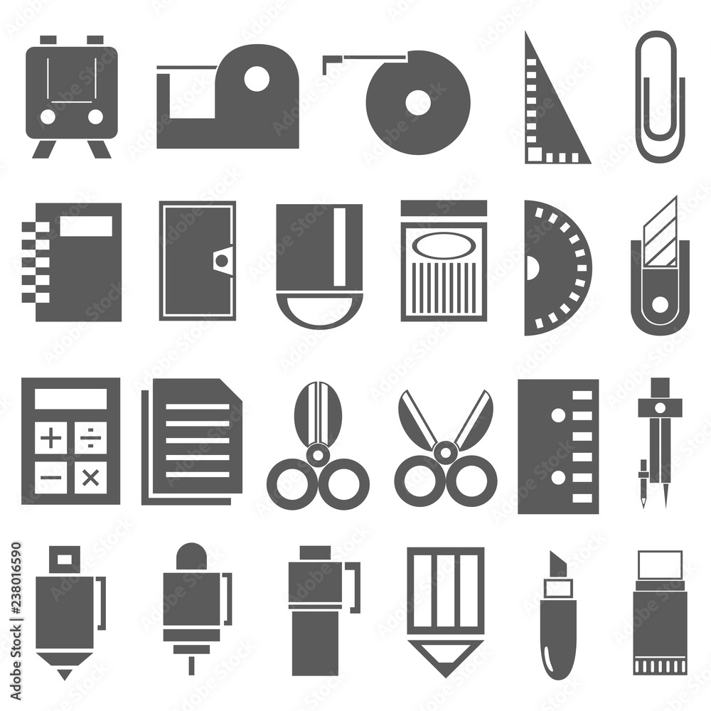 アイコン素材 文房具 ランドセル クリップ 電卓 メジャー 定規 電卓 メモ帳 鉛筆 のり コンパス 消しゴム等 Stock Vektor Adobe Stock