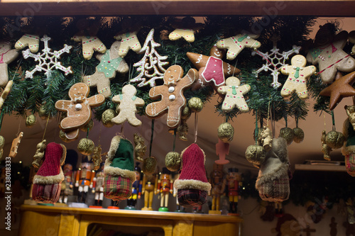 Decoration on Cristmas market in Berlin with traditional toys and gingerbread man