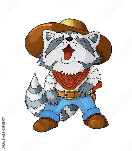 Cartoon colored character american cowboy laughing raccoon isolated on white