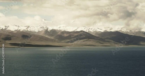 4k time lapse of huge clouds mass rolling over lake namtso & Tanggula snow mountain peak,tibet mansarovar,Tibet's second largest lake,is the third largest saltwater lake in China. photo