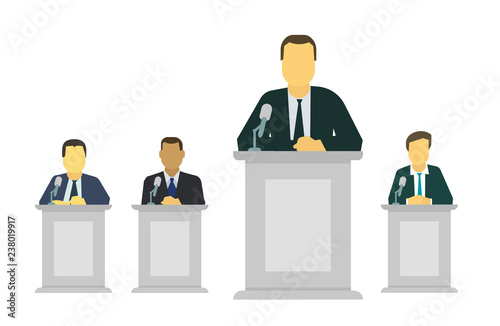 Businessman or politician making speech behind the pulpit before a microphone. On the rostrum.