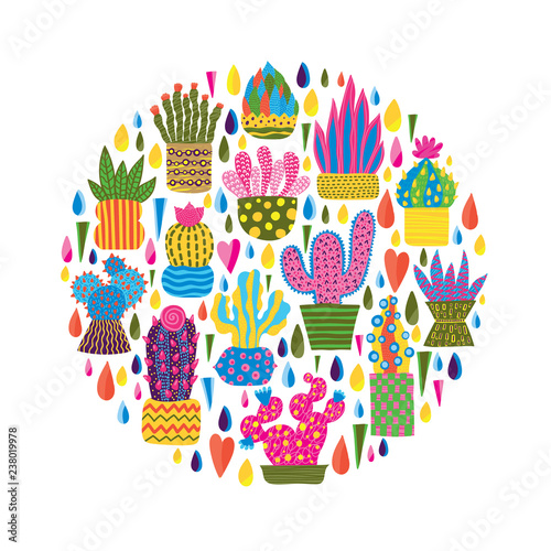 Decorative cacti in a circle. Cute vector postcard.