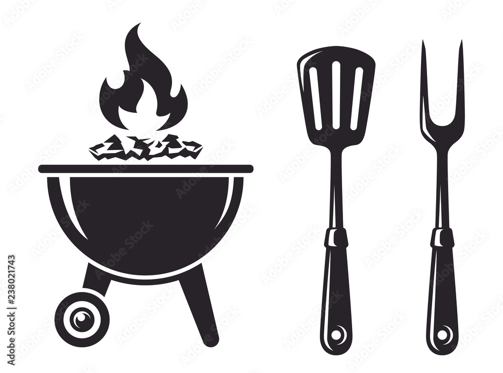 Monochrome Icon BBQ. Grill with fork and spatula, barbecue tools. Vector  illustration, isolated on white background. Simple shape for design logo,  emblem, symbol, sign, badge, label, stamp. Stock ベクター | Adobe Stock