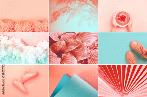 Collage made of nine photos in trendy living coral color. Trendy color of the 2019: Living Coral and Limpet Shell. photo