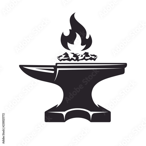 Vintage anvil and fire with coals, monochrome icon, blacksmith tools. Vector illustration, isolated on white background. Simple shape for design logo, emblem, symbol, sign, badge, label, stamp.