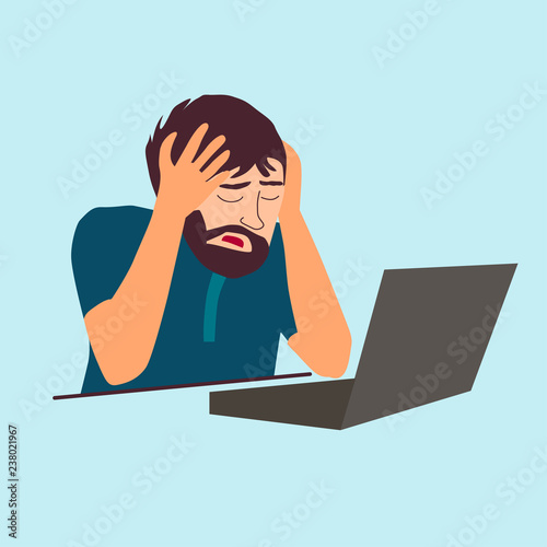 Illustration of a man sitting in front of a laptop and holding his head.