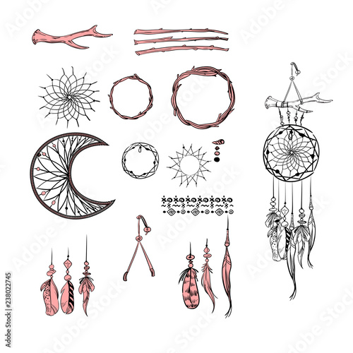 Set of Dreamcatcher. Design elements in Boho style isolated on white background. Native style. Tattoo design. Vector.