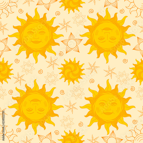 Seamless pattern. Shrovetide or Maslenitsa. Sun with face. Postcard with traditional symbol. Wide Pancake week.