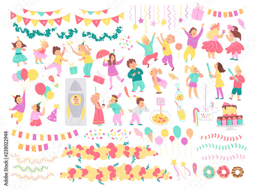 Vector collection of birthday party kids, decor idea elements isolated on white background - pinata, rocket, balloons, cake, garland. Flat hand drawn cartoon style. For card, pattern, tag, invitation.