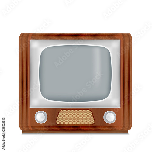 Old wooden television.Vector retro television mock up with transparent glass screen isolate on white background.