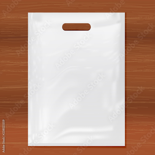 Quality Plastic Bag on wooden background,white plastic bag.Realistic Shopping Bag for branding and corporate identity design.Vector set mock up.