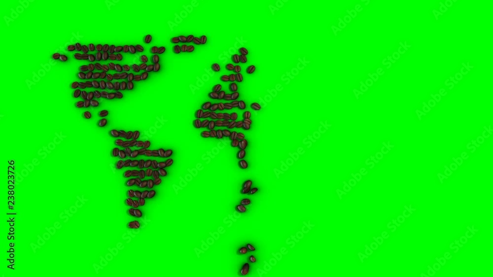 Stop Motion Coffee Beans World Map on Isolated Green Screen, 4K Resolution Ultra HD. 3D render. Top view. Stop Motion Coffee Beans World Map on Isolated Green Screen, 4K Resolution Ultra HD. 3D render. Top view.