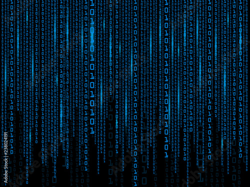 Digital background of blue matrix on black backdrops. Binary computer code. Vector Illustration. 