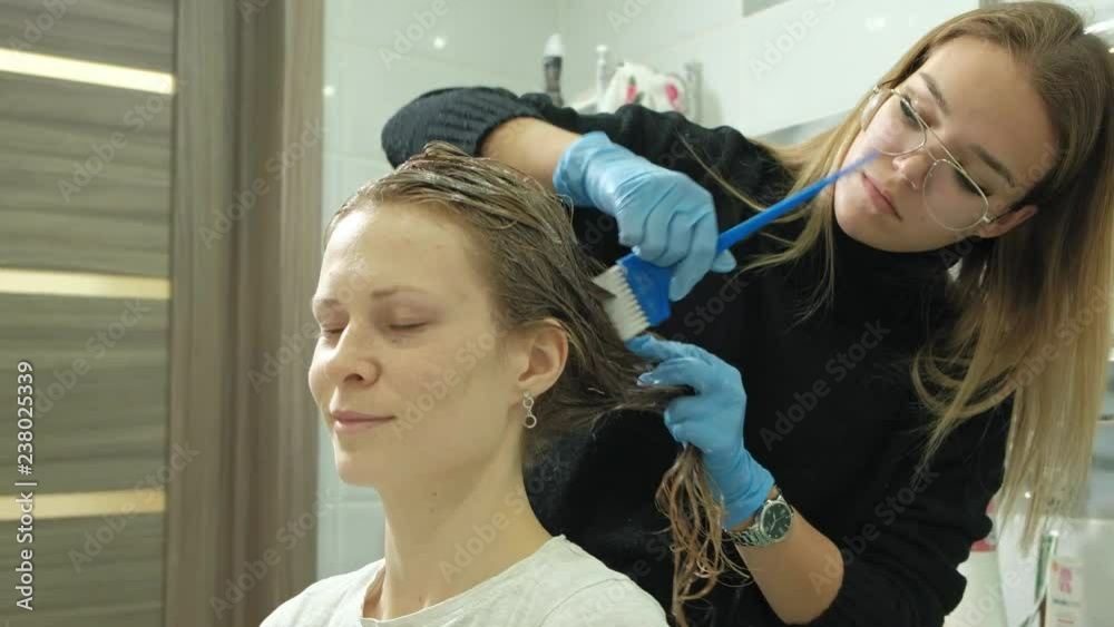 woman hairdresser colorist at home in the bathroom puts paint on the hair of a young woman, applies paint with a brush on the hair, beauty, fashion woman hairdresser colorist at home in the bathroom puts paint on the hair of a young woman, applies paint with a brush on the hair, beauty, fashion