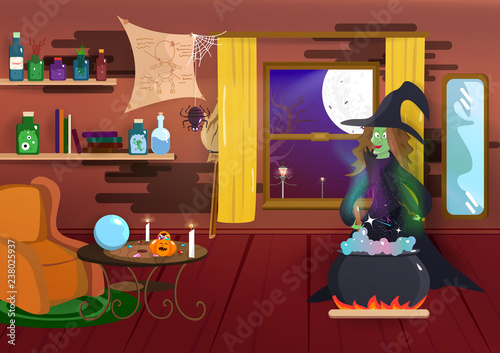 Halloween, Witch cooking magic, night party costume cartoon, spider, bat and spooky, home interior, miracle poster, happy holiday season abstract background vector illustration