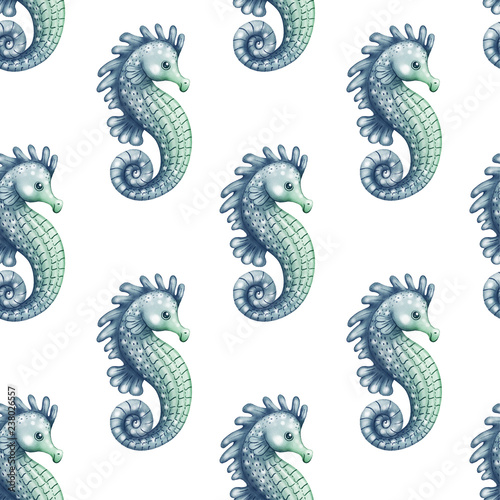 seamless pattern of blue seahorse, marine style on a white background