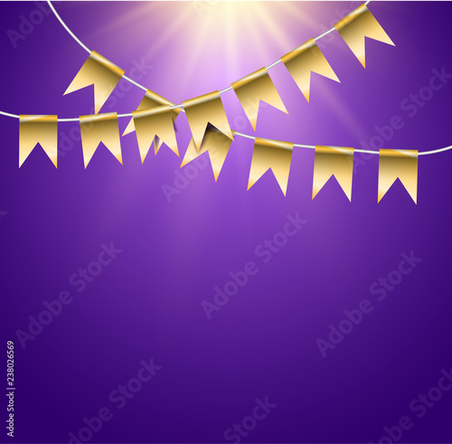 Celebration purple light background with gold garland flag party and enjoyment concept. Stock vector illustration.