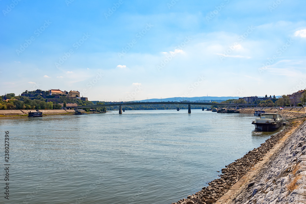 Novi Sad, Serbia - September 18, 2018: Varadin Bridge over Danube river and Petrovaradin fortress in Novi Sad.