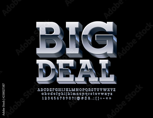 Vector silver Sign Big Deal with 3D metallic Font. Chrome Alphabet Letters, Numbers and Symbols.