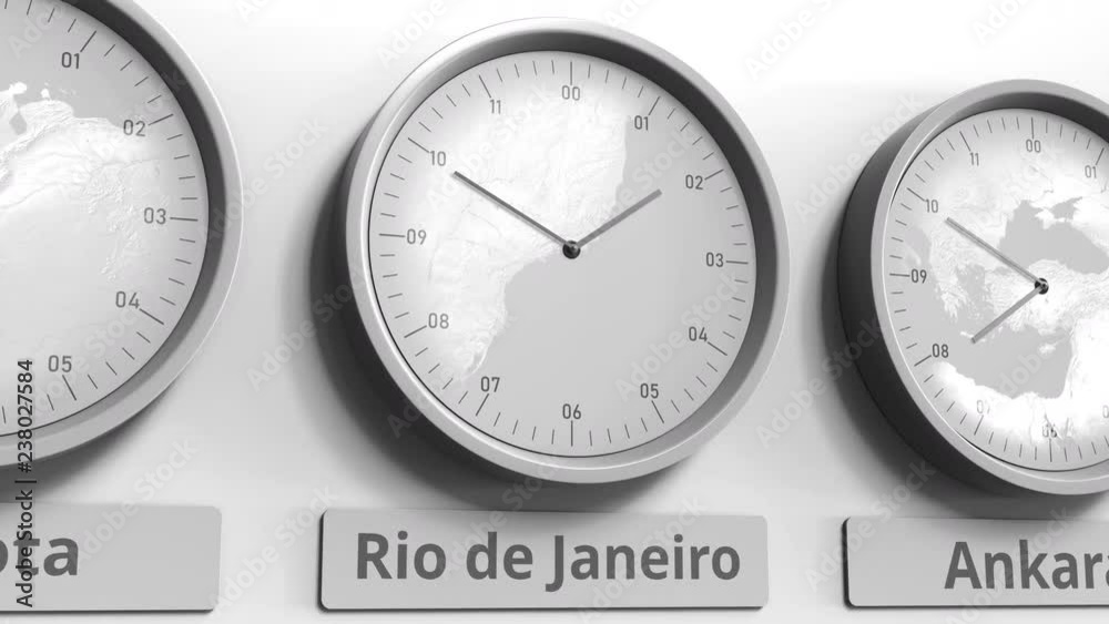 Round clock showing Rio de Janeiro, Brazil time within world time zones